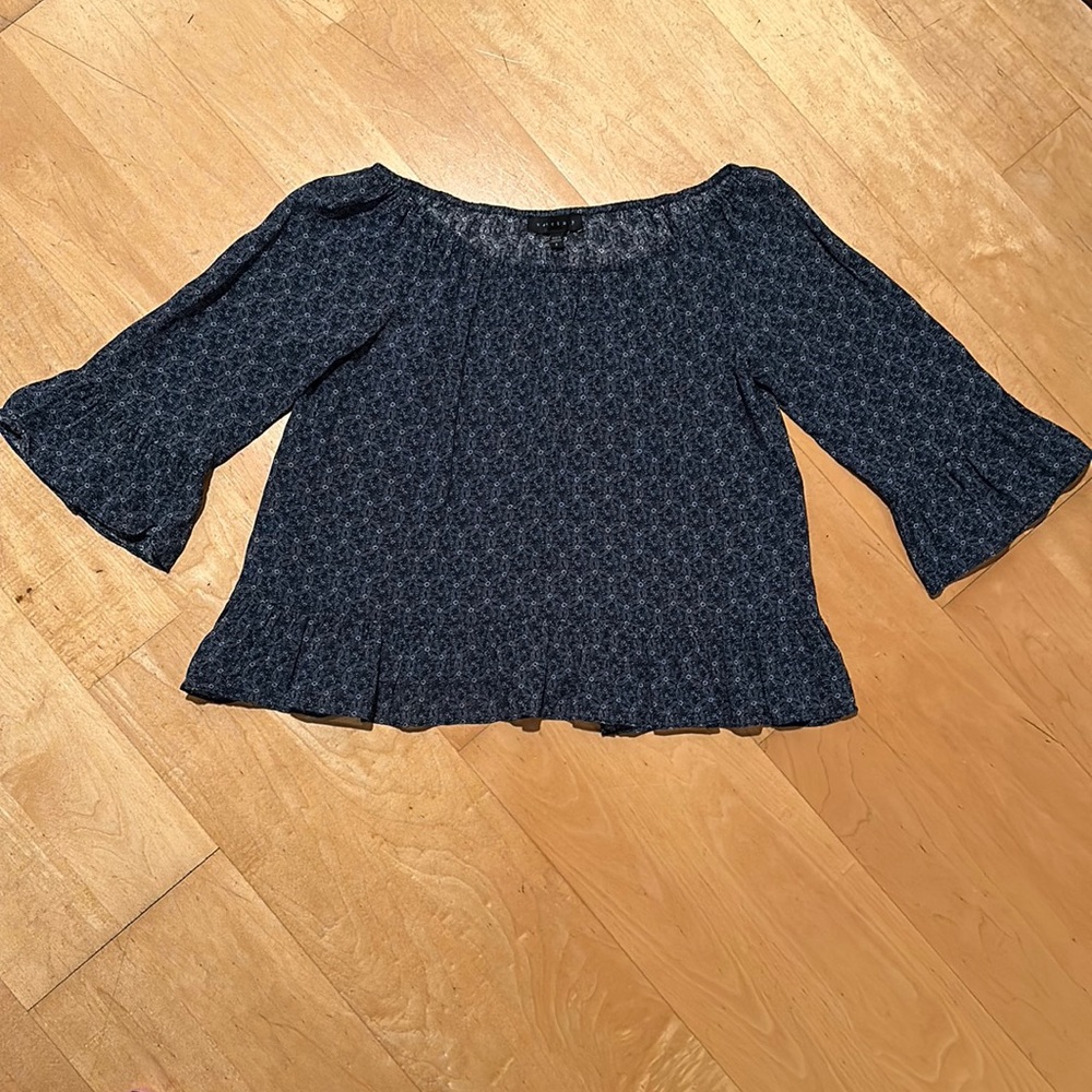 Sanctuary navy blue and white paisley print top.